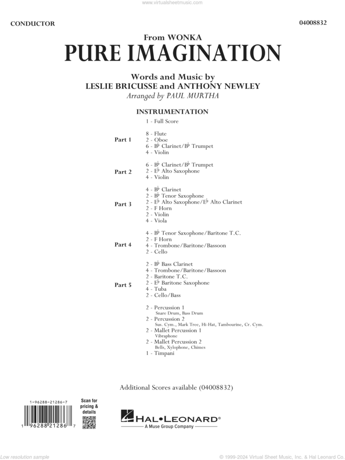 Pure Imagination sheet music for concert band (full score) by Timothée Chalamet, Paul Murtha, Anthony Newley and Leslie Bricusse, intermediate skill level