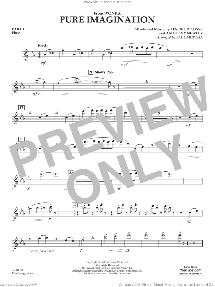 Pure Imagination sheet music for concert band (pt.1 - flute) by Timothée Chalamet, Paul Murtha, Anthony Newley and Leslie Bricusse, intermediate skill level