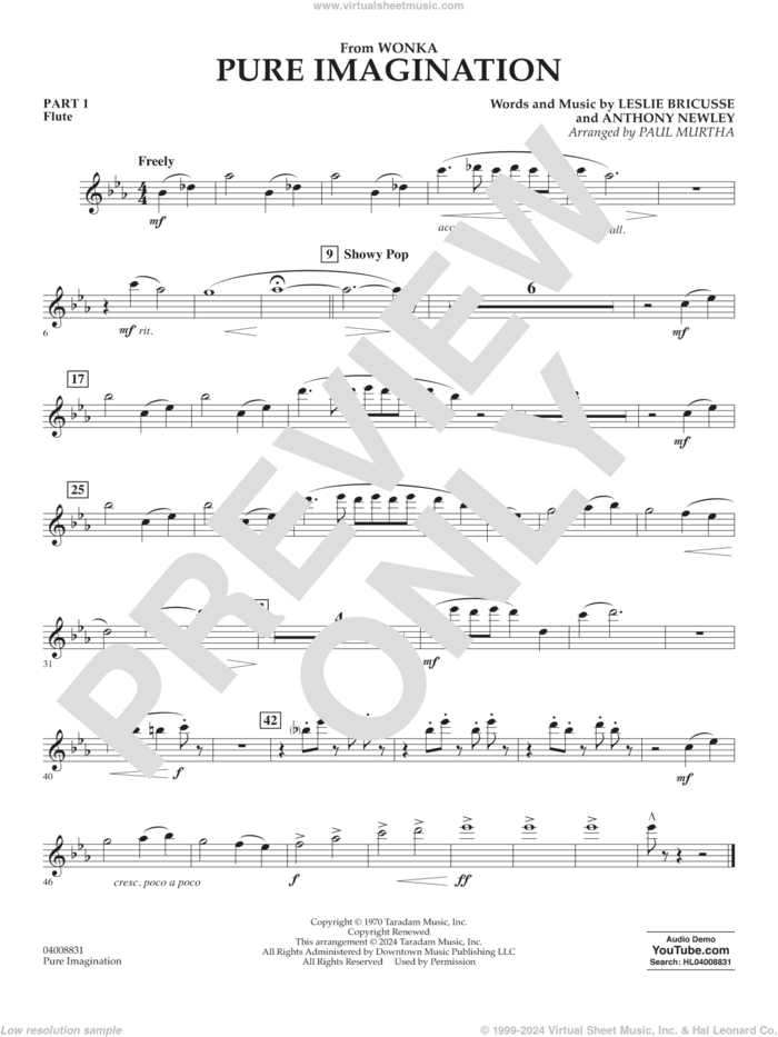 Pure Imagination sheet music for concert band (pt.1 - flute) by Timothée Chalamet, Paul Murtha, Anthony Newley and Leslie Bricusse, intermediate skill level