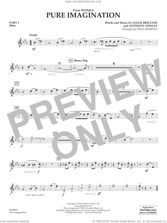 Pure Imagination sheet music for concert band (pt.1 - oboe) by Timothée Chalamet, Paul Murtha, Anthony Newley and Leslie Bricusse, intermediate skill level