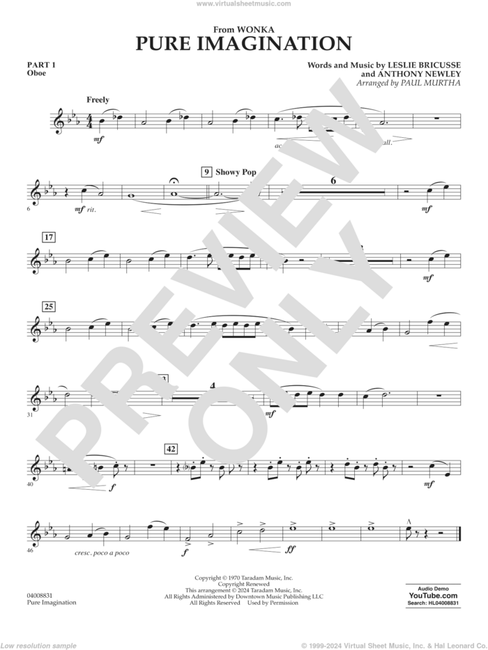 Pure Imagination sheet music for concert band (pt.1 - oboe) by Timothée Chalamet, Paul Murtha, Anthony Newley and Leslie Bricusse, intermediate skill level