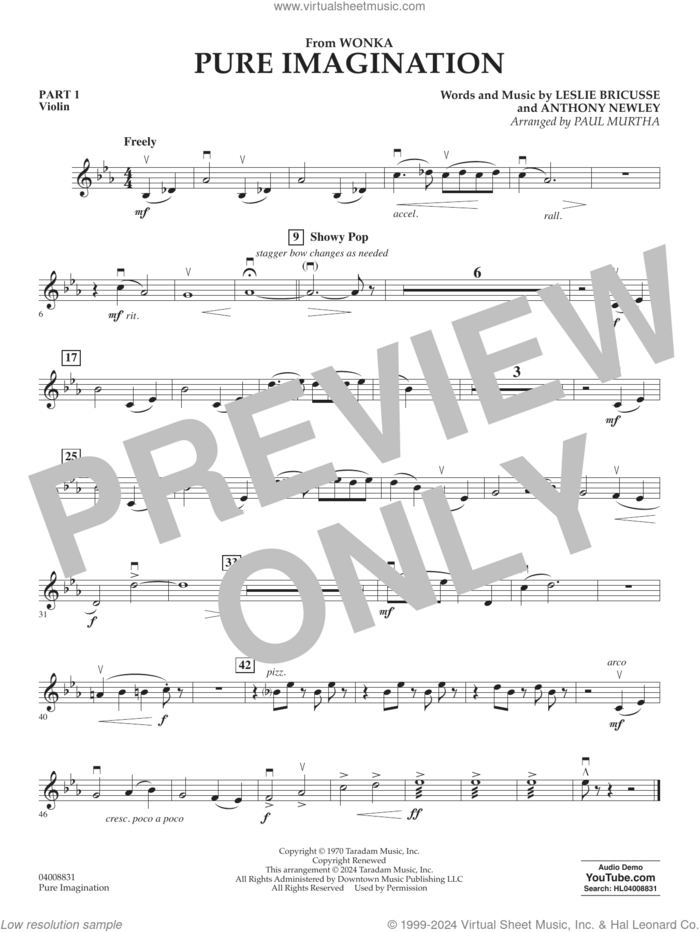 Pure Imagination sheet music for concert band (pt.1 - violin) by Timothée Chalamet, Paul Murtha, Anthony Newley and Leslie Bricusse, intermediate skill level