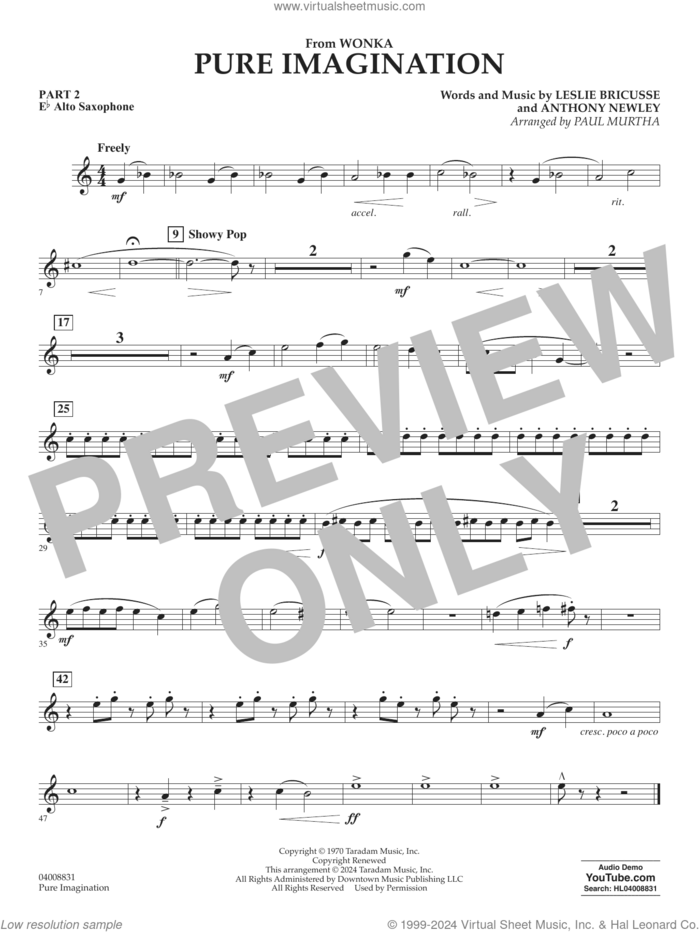 Pure Imagination sheet music for concert band (pt.2 - Eb alto saxophone) by Timothée Chalamet, Paul Murtha, Anthony Newley and Leslie Bricusse, intermediate skill level