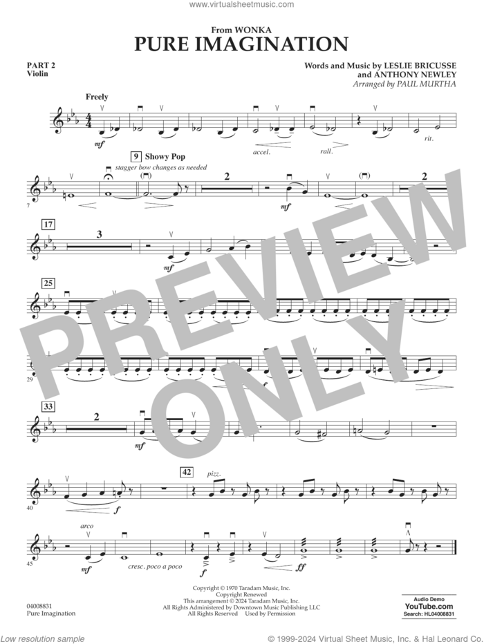 Pure Imagination sheet music for concert band (pt.2 - violin) by Timothée Chalamet, Paul Murtha, Anthony Newley and Leslie Bricusse, intermediate skill level