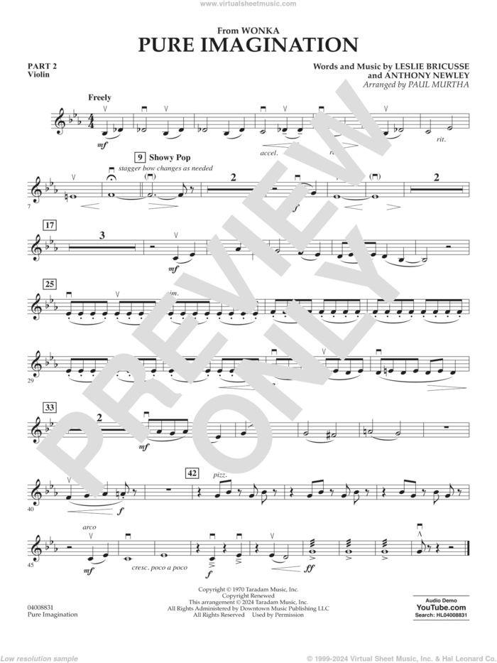 Pure Imagination sheet music for concert band (pt.2 - violin) by Timothée Chalamet, Paul Murtha, Anthony Newley and Leslie Bricusse, intermediate skill level