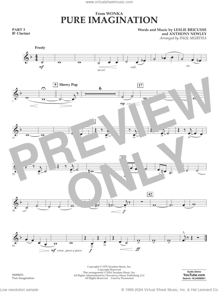 Pure Imagination sheet music for concert band (pt.3 - Bb clarinet) by Timothée Chalamet, Paul Murtha, Anthony Newley and Leslie Bricusse, intermediate skill level