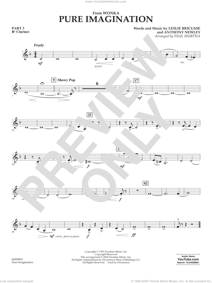 Pure Imagination sheet music for concert band (pt.3 - Bb clarinet) by Timothée Chalamet, Paul Murtha, Anthony Newley and Leslie Bricusse, intermediate skill level