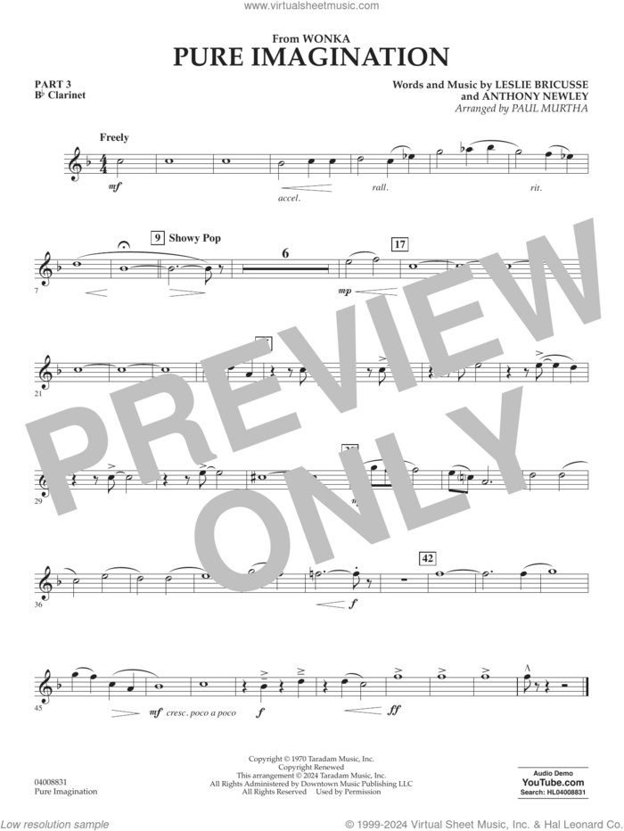 Pure Imagination sheet music for concert band (pt.3 - Bb tenor saxophone) by Timothée Chalamet, Paul Murtha, Anthony Newley and Leslie Bricusse, intermediate skill level