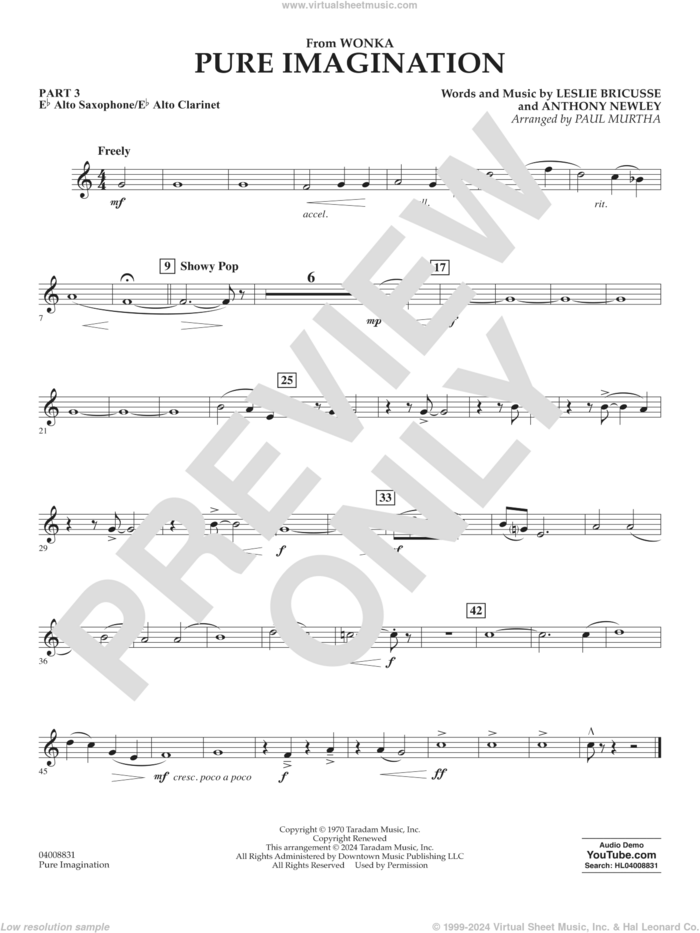 Pure Imagination sheet music for concert band (Eb alto sax/alto clar.) by Timothée Chalamet, Paul Murtha, Anthony Newley and Leslie Bricusse, intermediate skill level