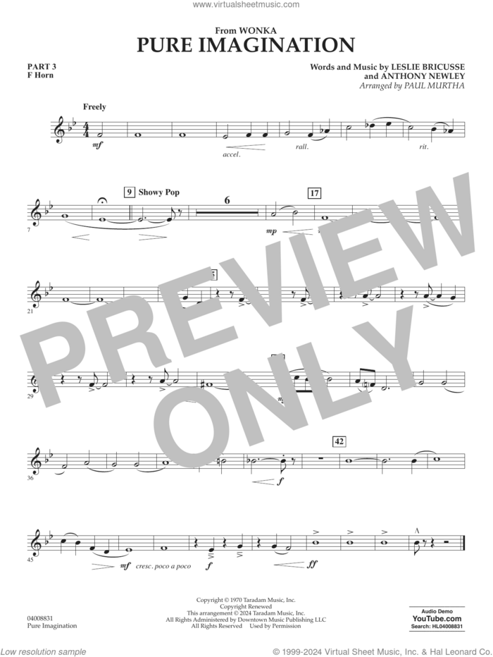 Pure Imagination sheet music for concert band (pt.3 - f horn) by Timothée Chalamet, Paul Murtha, Anthony Newley and Leslie Bricusse, intermediate skill level