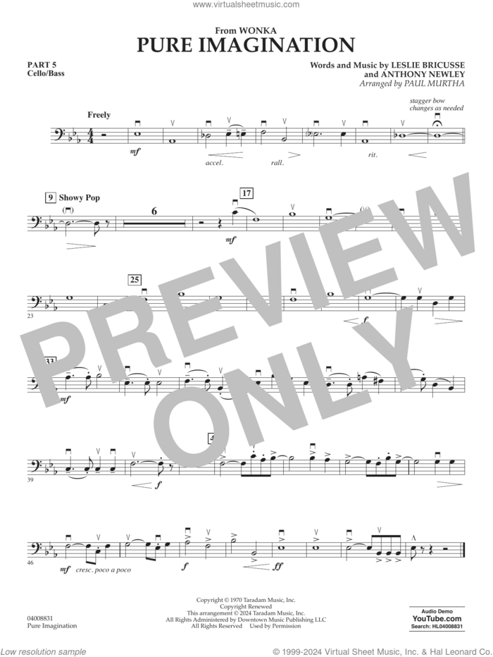 Pure Imagination sheet music for concert band (cello/bass) by Timothée Chalamet, Paul Murtha, Anthony Newley and Leslie Bricusse, intermediate skill level