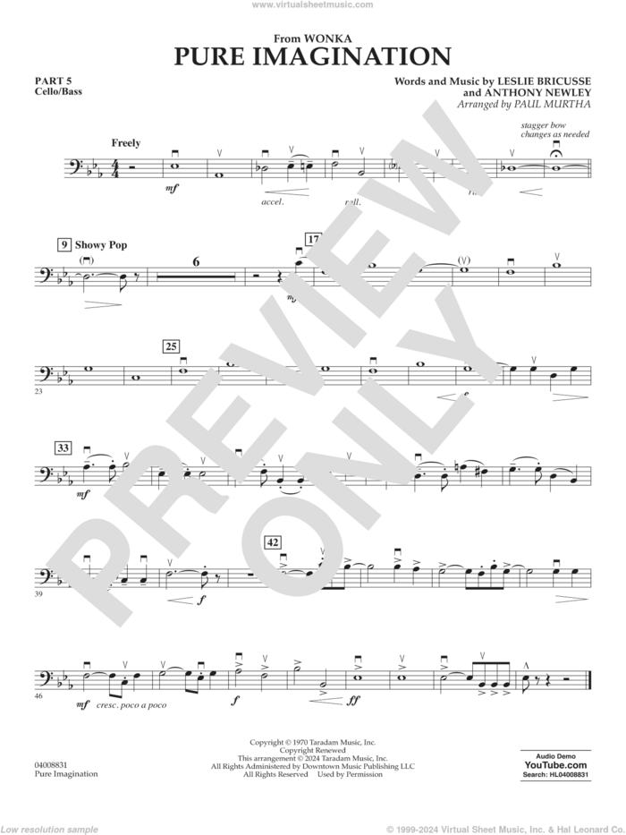 Pure Imagination sheet music for concert band (cello/bass) by Timothée Chalamet, Paul Murtha, Anthony Newley and Leslie Bricusse, intermediate skill level