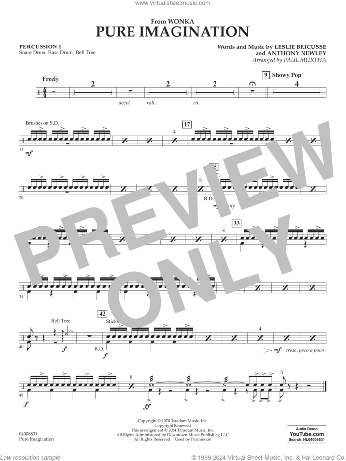 Pure Imagination sheet music for concert band (percussion 1) by Timothée Chalamet, Paul Murtha, Anthony Newley and Leslie Bricusse, intermediate skill level