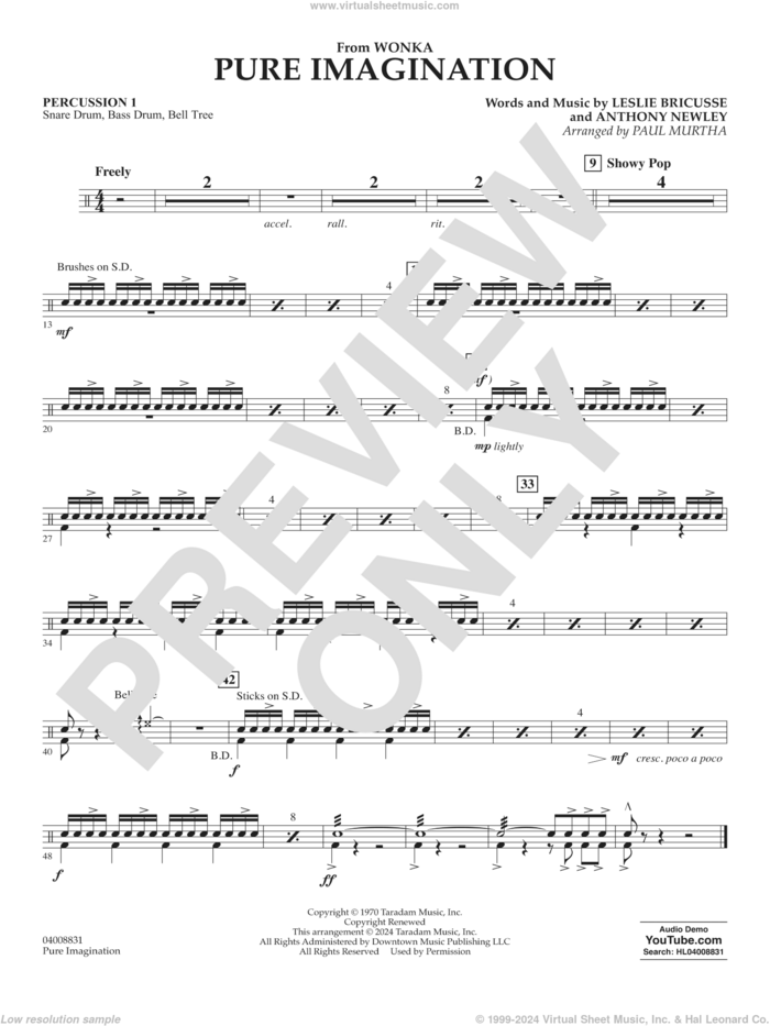 Pure Imagination sheet music for concert band (percussion 1) by Timothée Chalamet, Paul Murtha, Anthony Newley and Leslie Bricusse, intermediate skill level