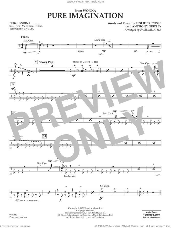 Pure Imagination sheet music for concert band (percussion 2) by Timothée Chalamet, Paul Murtha, Anthony Newley and Leslie Bricusse, intermediate skill level