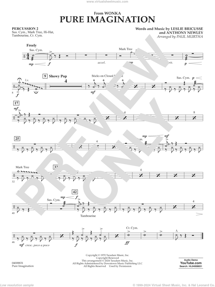 Pure Imagination sheet music for concert band (percussion 2) by Timothée Chalamet, Paul Murtha, Anthony Newley and Leslie Bricusse, intermediate skill level