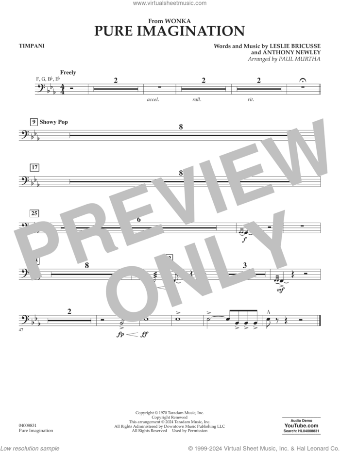 Pure Imagination sheet music for concert band (timpani) by Timothée Chalamet, Paul Murtha, Anthony Newley and Leslie Bricusse, intermediate skill level