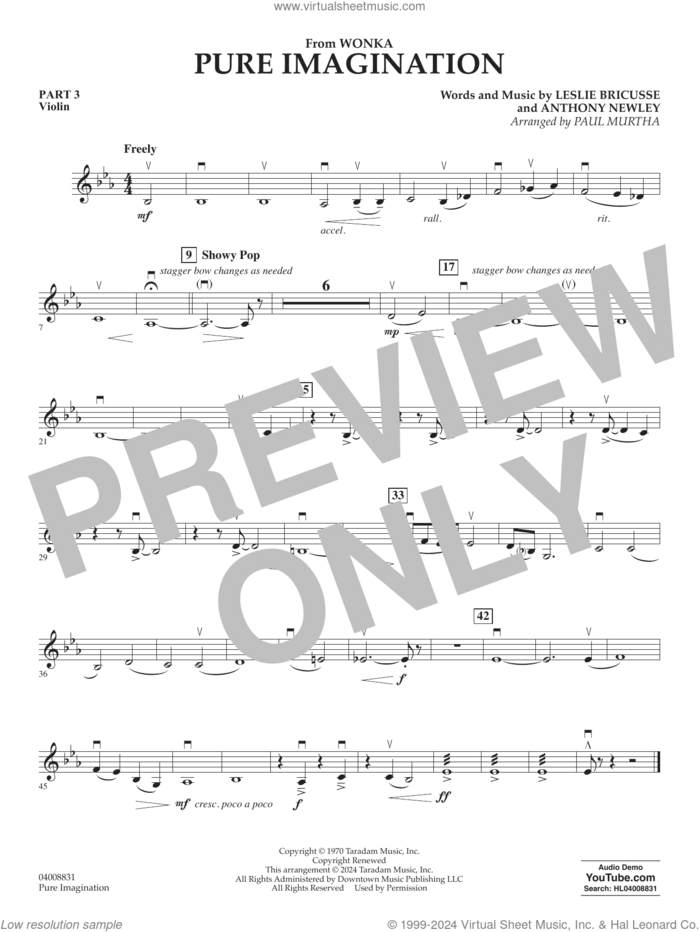 Pure Imagination sheet music for concert band (pt.3 - violin) by Timothée Chalamet, Paul Murtha, Anthony Newley and Leslie Bricusse, intermediate skill level