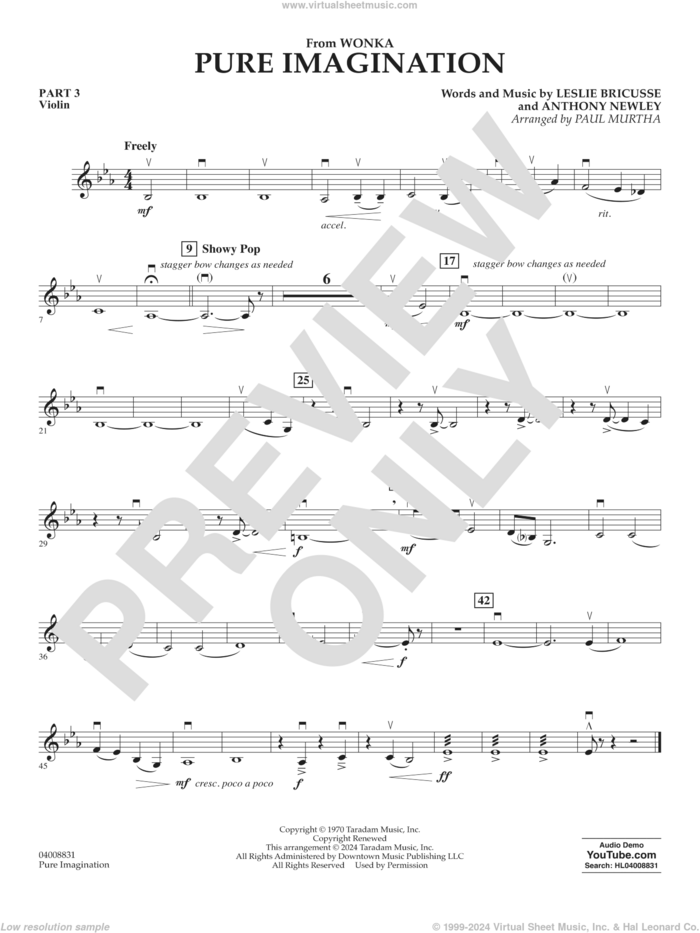 Pure Imagination sheet music for concert band (pt.3 - violin) by Timothée Chalamet, Paul Murtha, Anthony Newley and Leslie Bricusse, intermediate skill level