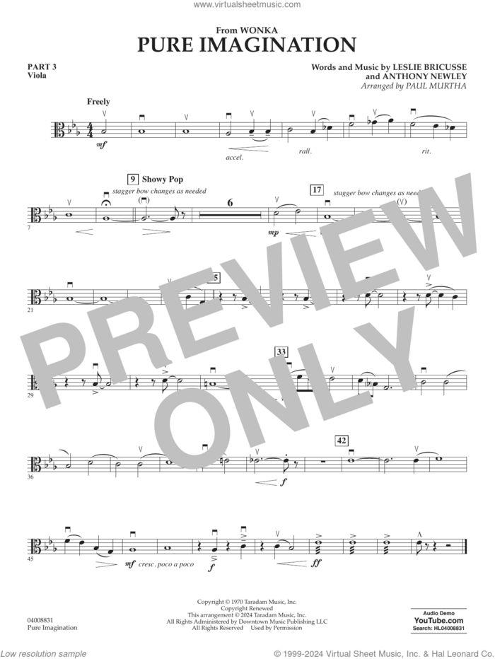 Pure Imagination sheet music for concert band (pt.3 - viola) by Timothée Chalamet, Paul Murtha, Anthony Newley and Leslie Bricusse, intermediate skill level