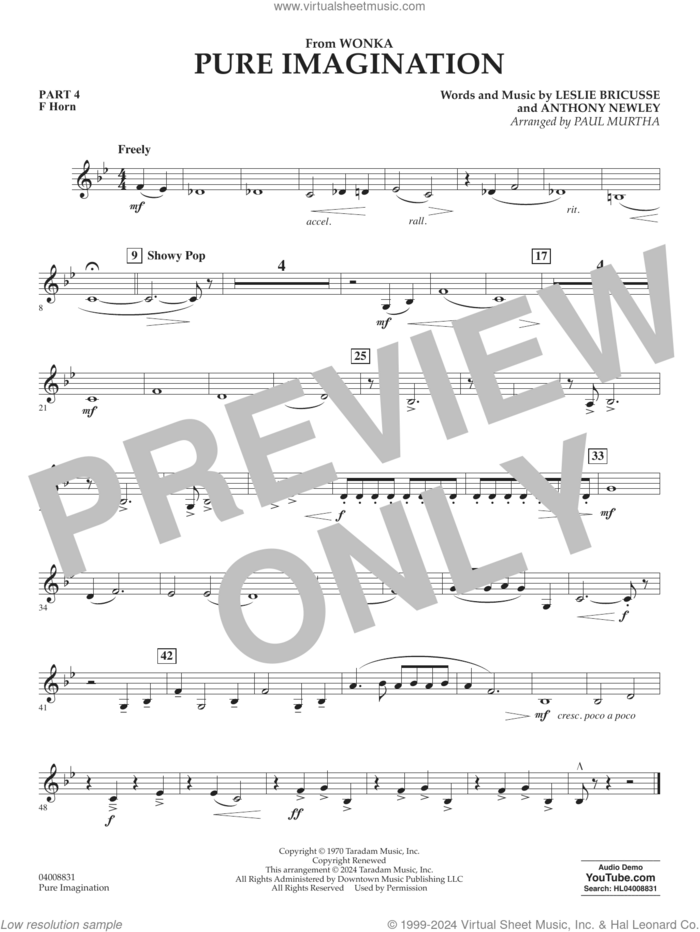 Pure Imagination sheet music for concert band (pt.4 - f horn) by Timothée Chalamet, Paul Murtha, Anthony Newley and Leslie Bricusse, intermediate skill level