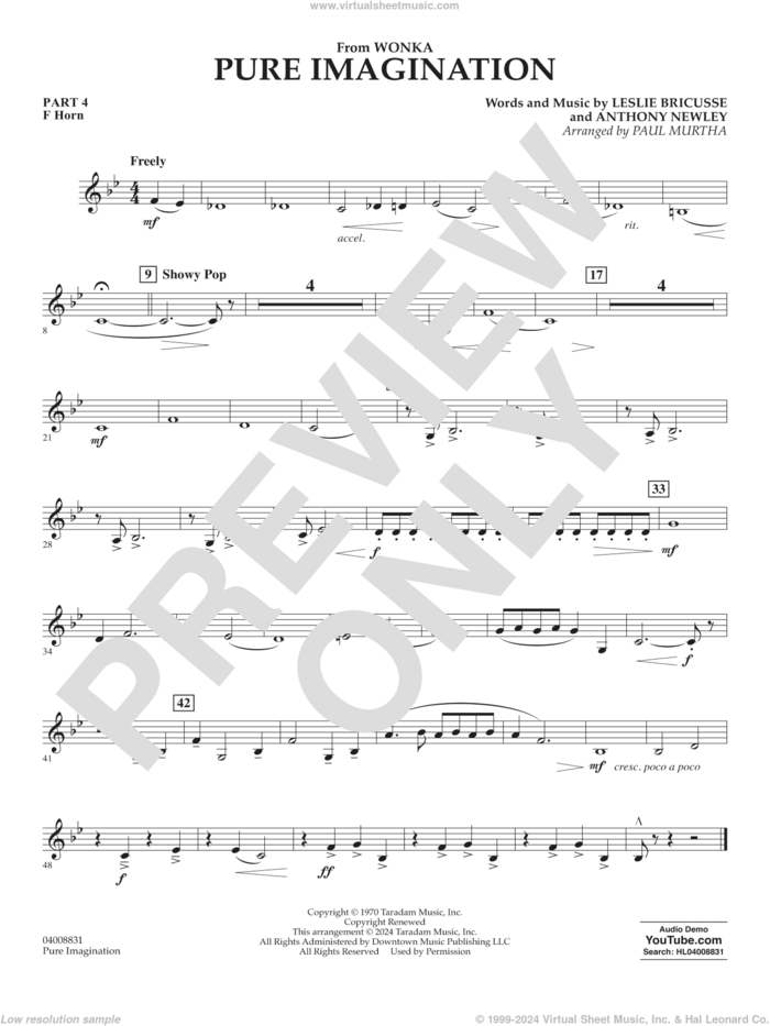 Pure Imagination sheet music for concert band (pt.4 - f horn) by Timothée Chalamet, Paul Murtha, Anthony Newley and Leslie Bricusse, intermediate skill level