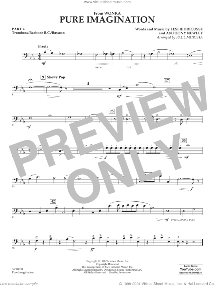 Pure Imagination sheet music for concert band (trombone/bar. b.c./bsn.) by Timothée Chalamet, Paul Murtha, Anthony Newley and Leslie Bricusse, intermediate skill level