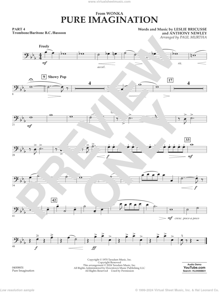 Pure Imagination sheet music for concert band (trombone/bar. b.c./bsn.) by Timothée Chalamet, Paul Murtha, Anthony Newley and Leslie Bricusse, intermediate skill level