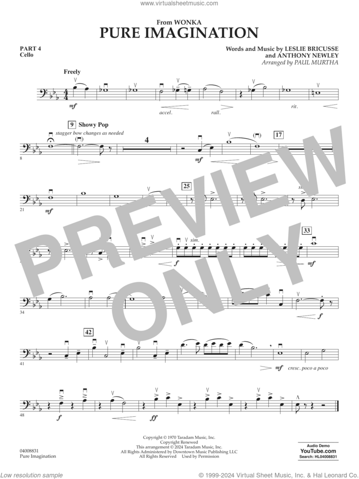 Pure Imagination sheet music for concert band (pt.4 - cello) by Timothée Chalamet, Paul Murtha, Anthony Newley and Leslie Bricusse, intermediate skill level