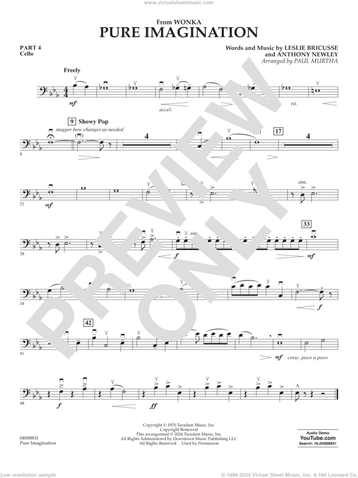 Pure Imagination sheet music for concert band (pt.4 - cello) by Timothée Chalamet, Paul Murtha, Anthony Newley and Leslie Bricusse, intermediate skill level