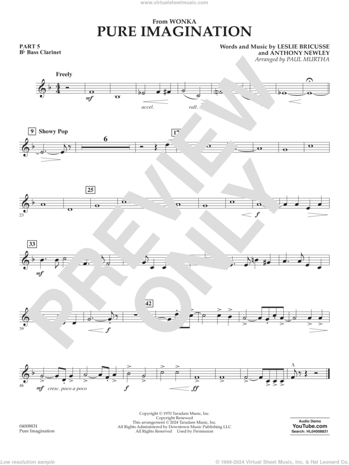 Pure Imagination sheet music for concert band (pt.5 - Bb bass clarinet) by Timothée Chalamet, Paul Murtha, Anthony Newley and Leslie Bricusse, intermediate skill level