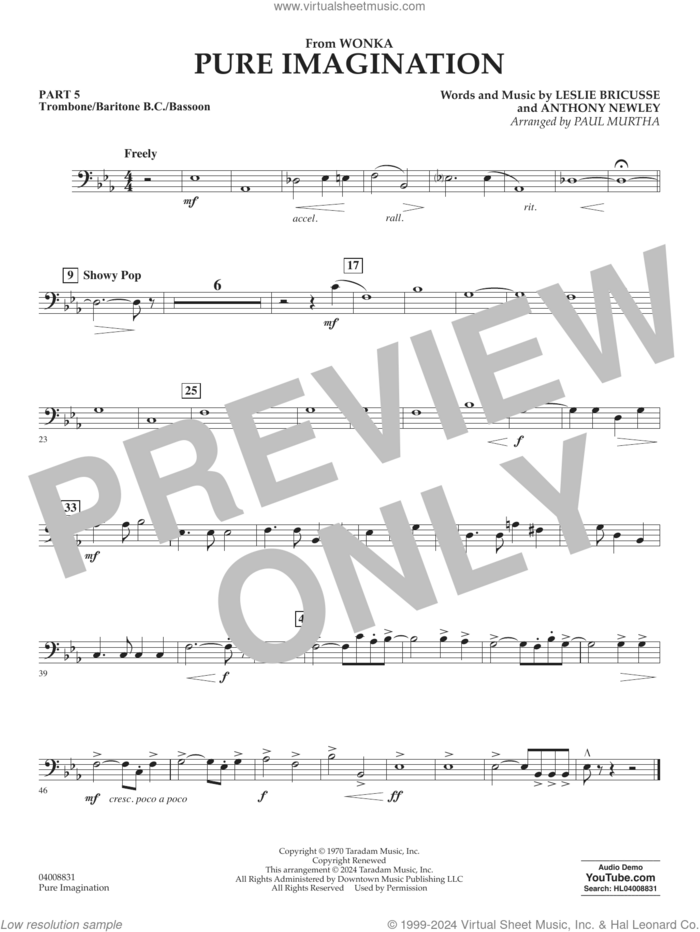 Pure Imagination sheet music for concert band (trombone/bar. b.c./bsn.) by Timothée Chalamet, Paul Murtha, Anthony Newley and Leslie Bricusse, intermediate skill level