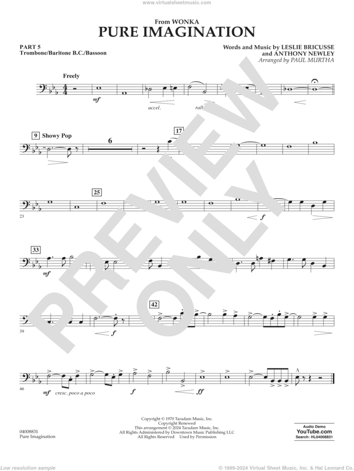 Pure Imagination sheet music for concert band (trombone/bar. b.c./bsn.) by Timothée Chalamet, Paul Murtha, Anthony Newley and Leslie Bricusse, intermediate skill level