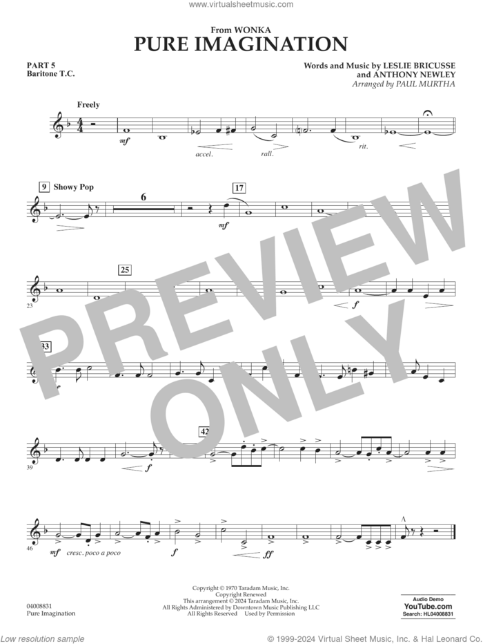 Pure Imagination sheet music for concert band (pt.5 - baritone t.c.) by Timothée Chalamet, Paul Murtha, Anthony Newley and Leslie Bricusse, intermediate skill level