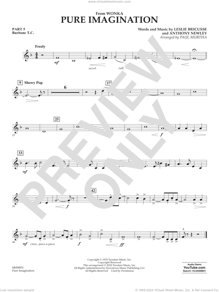 Pure Imagination sheet music for concert band (pt.5 - baritone t.c.) by Timothée Chalamet, Paul Murtha, Anthony Newley and Leslie Bricusse, intermediate skill level