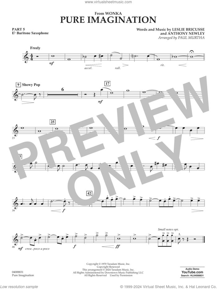 Pure Imagination sheet music for concert band (pt.5 - Eb baritone saxophone) by Timothée Chalamet, Paul Murtha, Anthony Newley and Leslie Bricusse, intermediate skill level