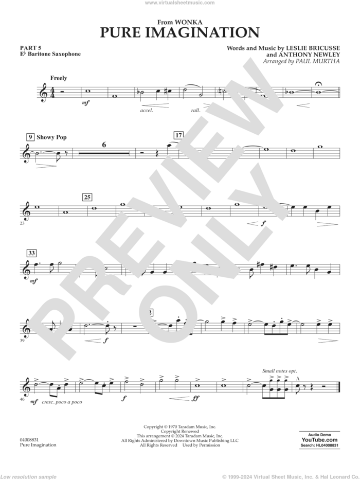 Pure Imagination sheet music for concert band (pt.5 - Eb baritone saxophone) by Timothée Chalamet, Paul Murtha, Anthony Newley and Leslie Bricusse, intermediate skill level