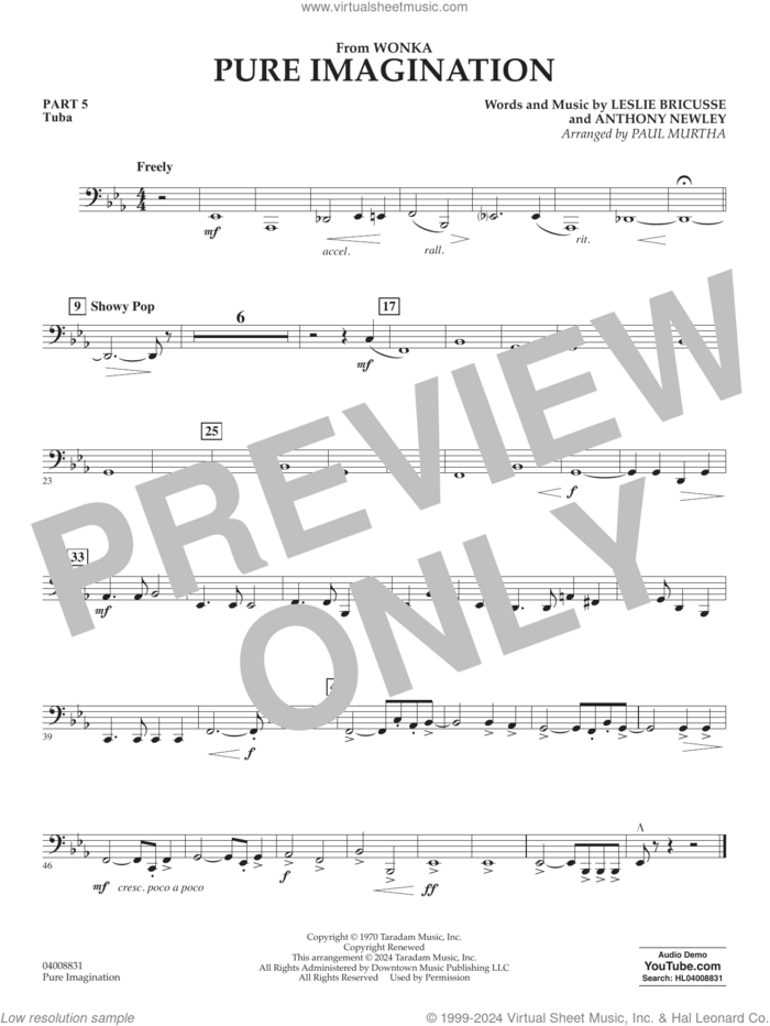 Pure Imagination sheet music for concert band (pt.5 - tuba) by Timothée Chalamet, Paul Murtha, Anthony Newley and Leslie Bricusse, intermediate skill level