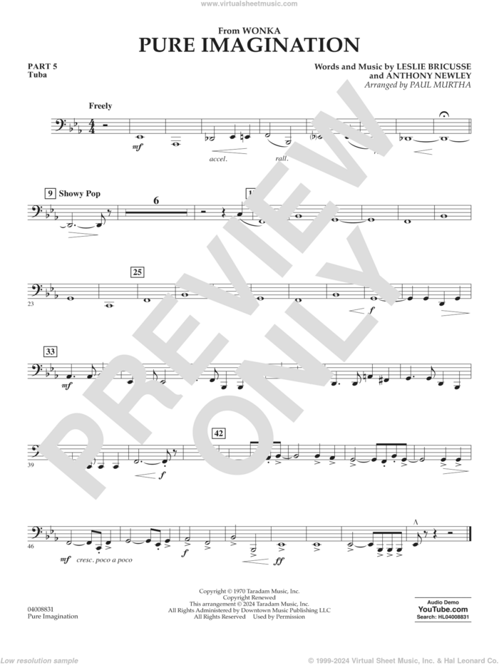 Pure Imagination sheet music for concert band (pt.5 - tuba) by Timothée Chalamet, Paul Murtha, Anthony Newley and Leslie Bricusse, intermediate skill level