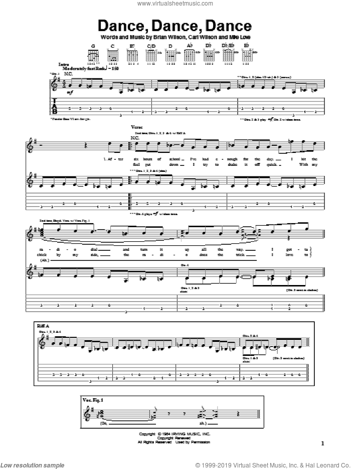 Dance, Dance, Dance sheet music for guitar (tablature) by The Beach Boys, Brian Wilson, Carl Wilson and Mike Love, intermediate skill level