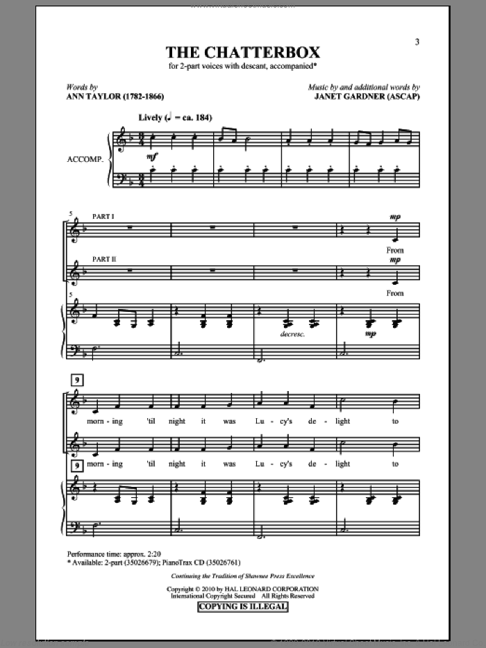 The Chatterbox sheet music for choir (2-Part) by Janet Gardner and Ann Taylor, intermediate duet