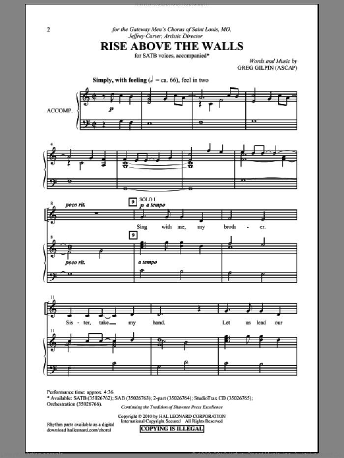 Rise Above The Walls sheet music for choir (SATB: soprano, alto, tenor, bass) by Greg Gilpin, intermediate skill level