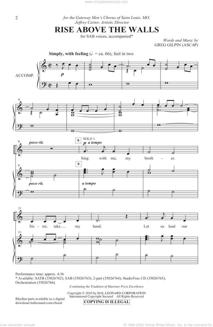 Rise Above The Walls sheet music for choir (SAB: soprano, alto, bass) by Greg Gilpin, intermediate skill level