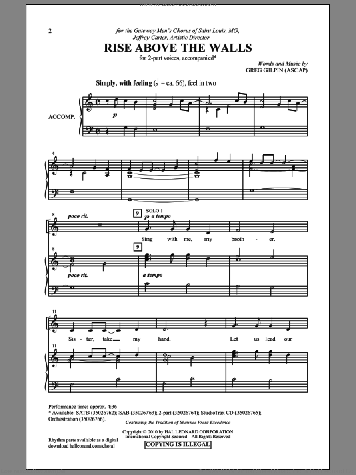 Rise Above The Walls sheet music for choir (2-Part) by Greg Gilpin, intermediate duet