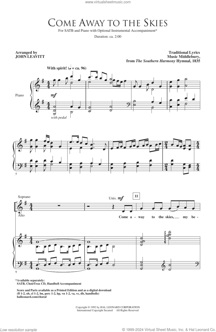 Come Away To The Skies sheet music for choir (SATB: soprano, alto, tenor, bass) by John Leavitt, Miscellaneous and The Southern Harmony Hymnal, intermediate skill level