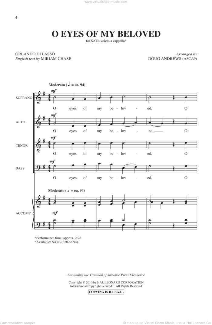 O Eyes Of My Beloved sheet music for choir (SATB: soprano, alto, tenor, bass) by Doug Andrews, Miriam Chase and Orlando di Lasso, intermediate skill level