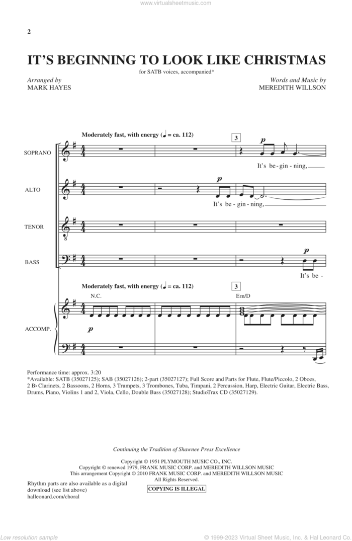 It's Beginning To Look Like Christmas (arr. Mark Hayes) sheet music for choir (SATB: soprano, alto, tenor, bass) by Meredith Willson and Mark Hayes, intermediate skill level