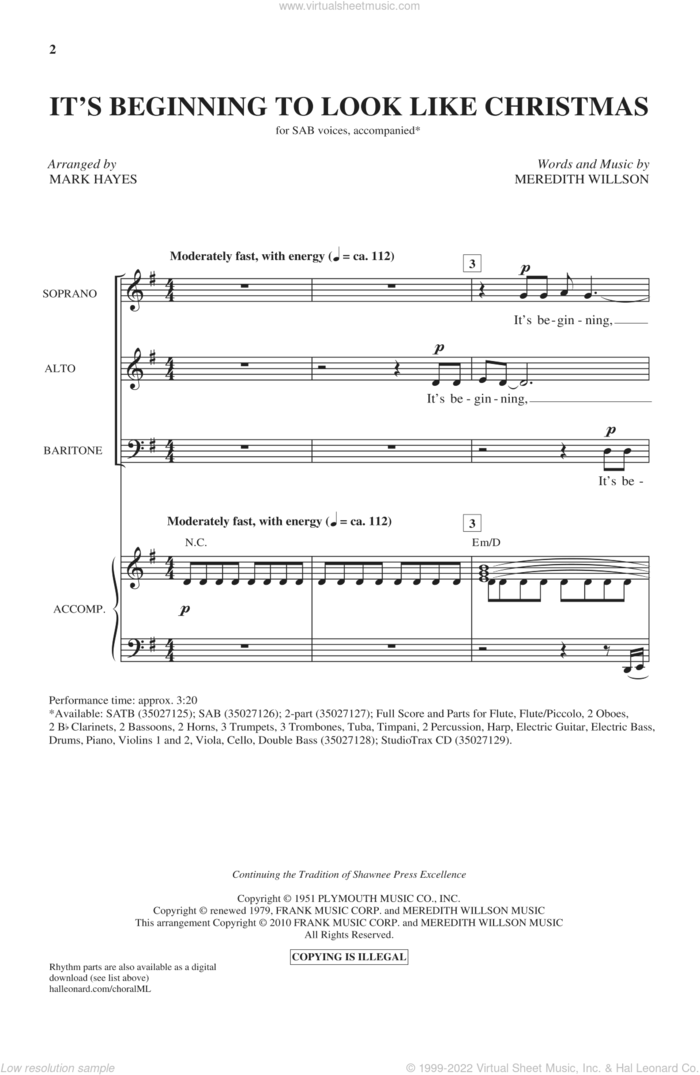 It's Beginning To Look Like Christmas (arr. Mark Hayes) sheet music for choir (SAB: soprano, alto, bass) by Meredith Willson and Mark Hayes, intermediate skill level