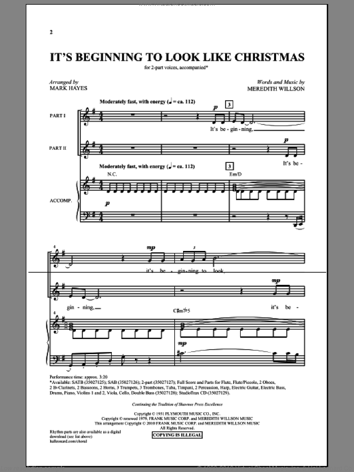 It's Beginning To Look Like Christmas (arr. Mark Hayes) sheet music for choir (2-Part) by Meredith Willson and Mark Hayes, intermediate duet