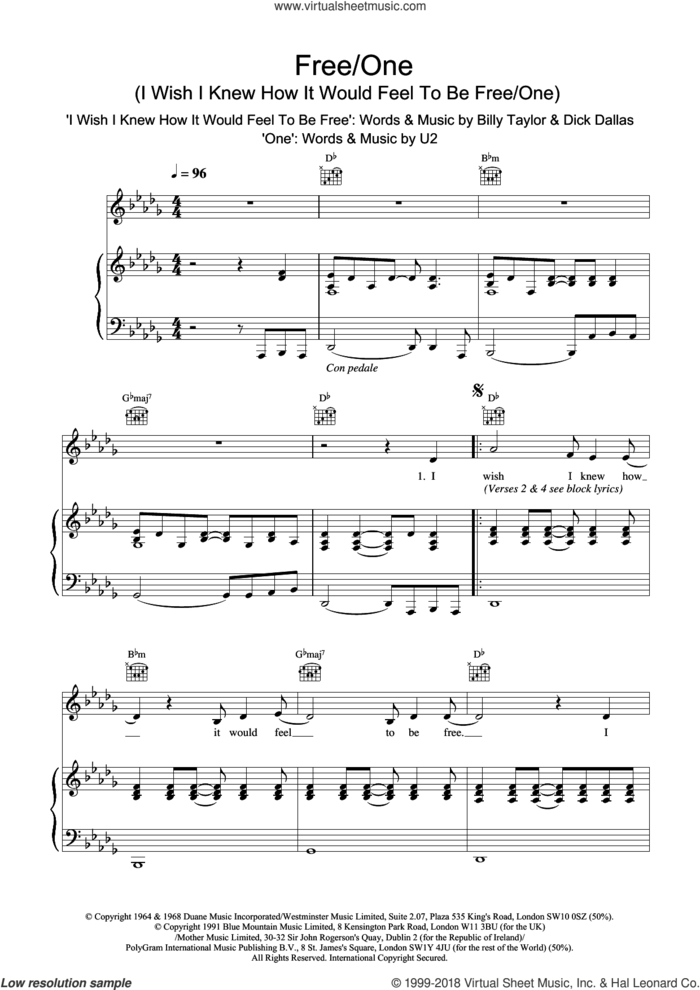 Free/One (I Wish I Knew How It Would Feel To Be and One) sheet music for voice, piano or guitar by Lighthouse Family, Billy Taylor, Dick Dallas and U2, intermediate skill level